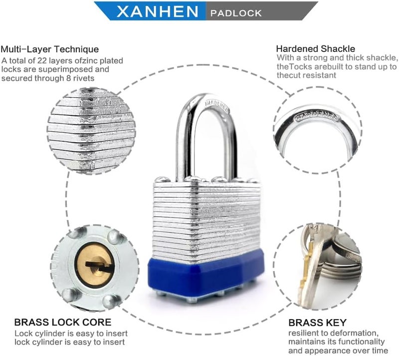XanHen Keyed Alike Laminated Steel Keyed Padlocks with Normal Shackle, 24 Pack, for Hasp Latch, Sheds, Fences, Storage Locker, School, Gym - Image 3
